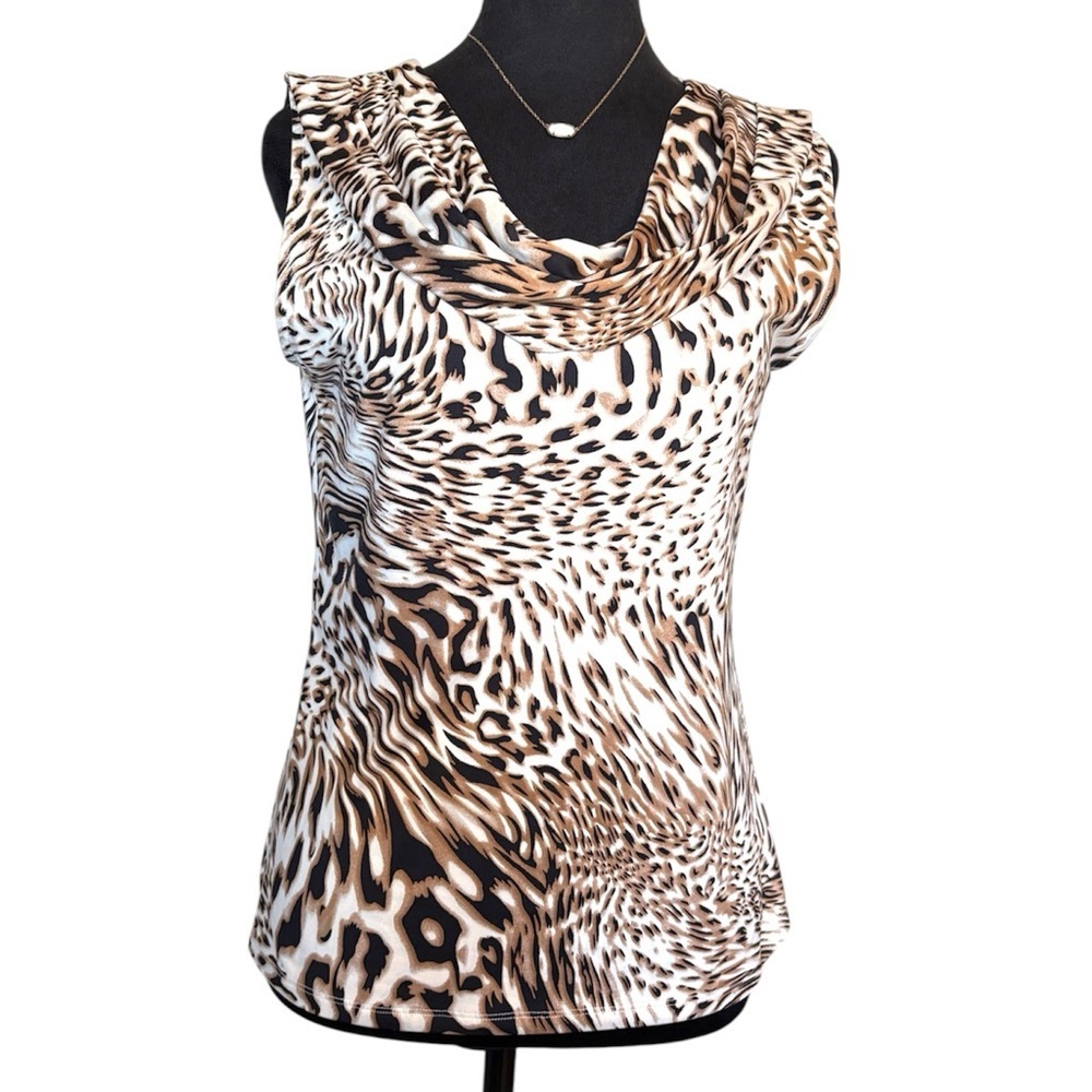 Alex Marie Small Sleeveless Cowl Neck Animal Print Top Brown Black White